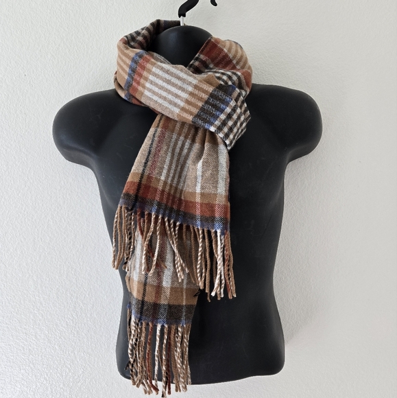 Pendleton Whisperwool Muffler Plaid Scarf Beige Brown 76"×12" Made in Italy - Picture 2 of 16